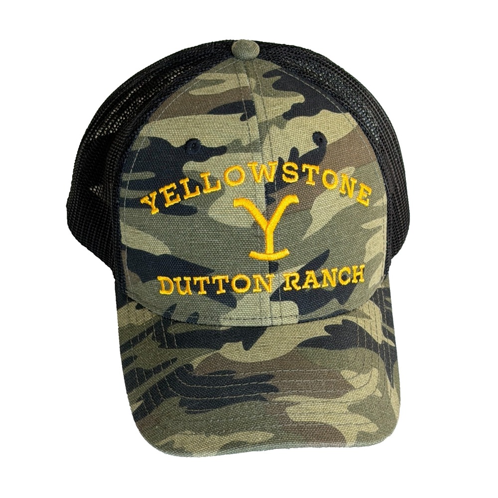 Yellowstone Dutton Ranch Camo Trucker Snap Back Hat Black Mesh Camouflage Cap